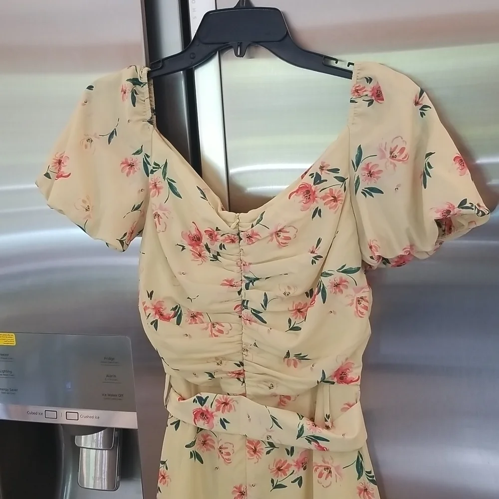 💕PALOMA BLUE💕 Evie Gathered Floral-Print Crepe Midi Dress Yellow Medium M NWOT - Picture 13 of 16